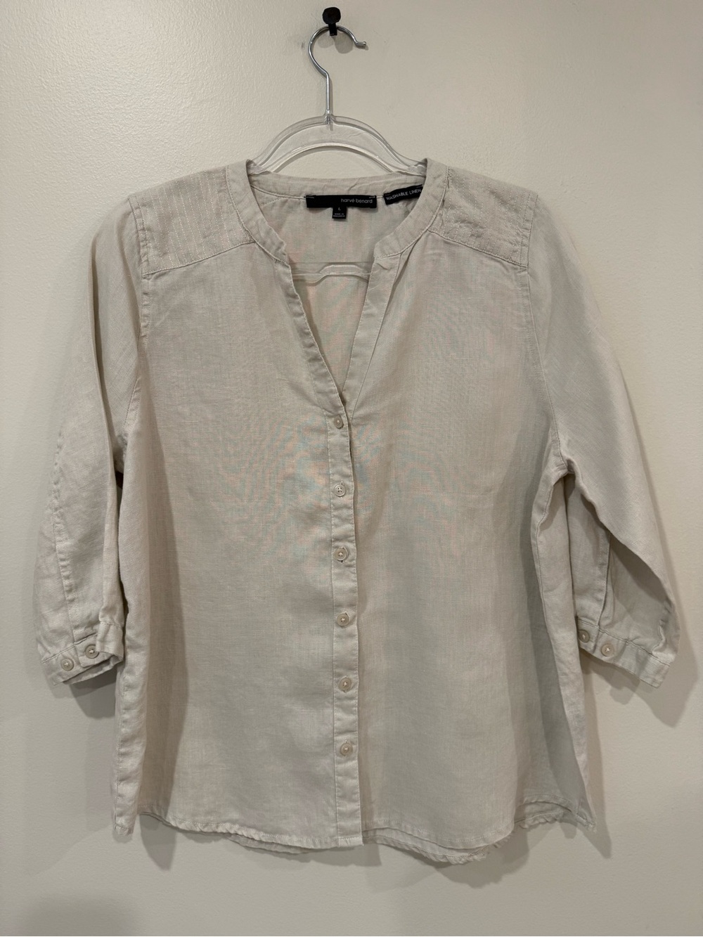 Harve Benard Washable Linen Blouse Button Up Split V-Neck Beige Oatmeal